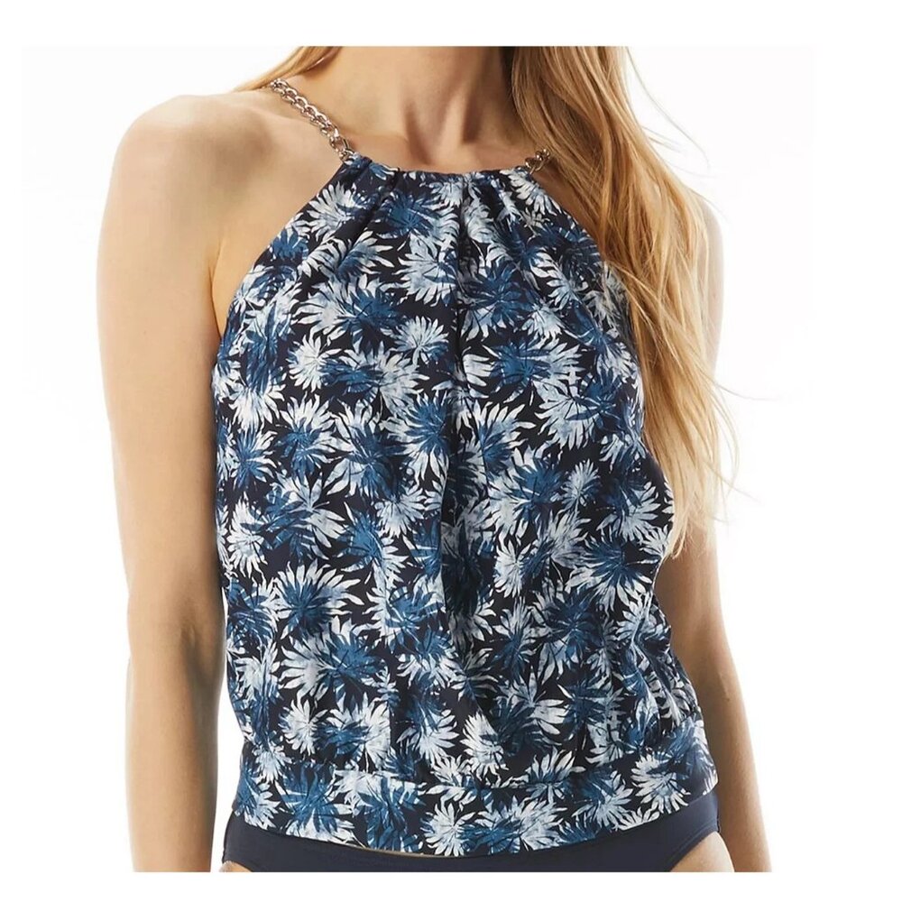 Michael Kors Womens Blouson High-Neck Tankini Swim Top, Navy Blue Floral, Medium
